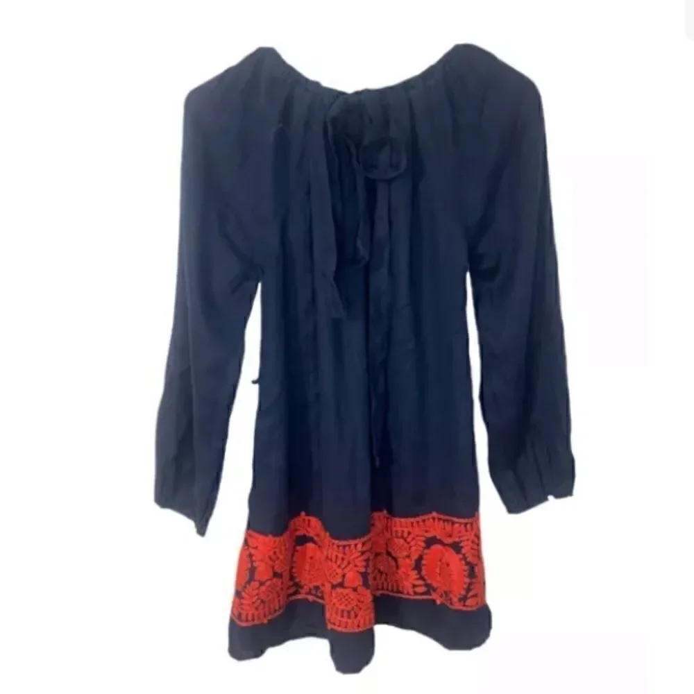 J.CREW 100% Linen embroidered Tunic Navy blue red peasant dress Sz XXS 378A